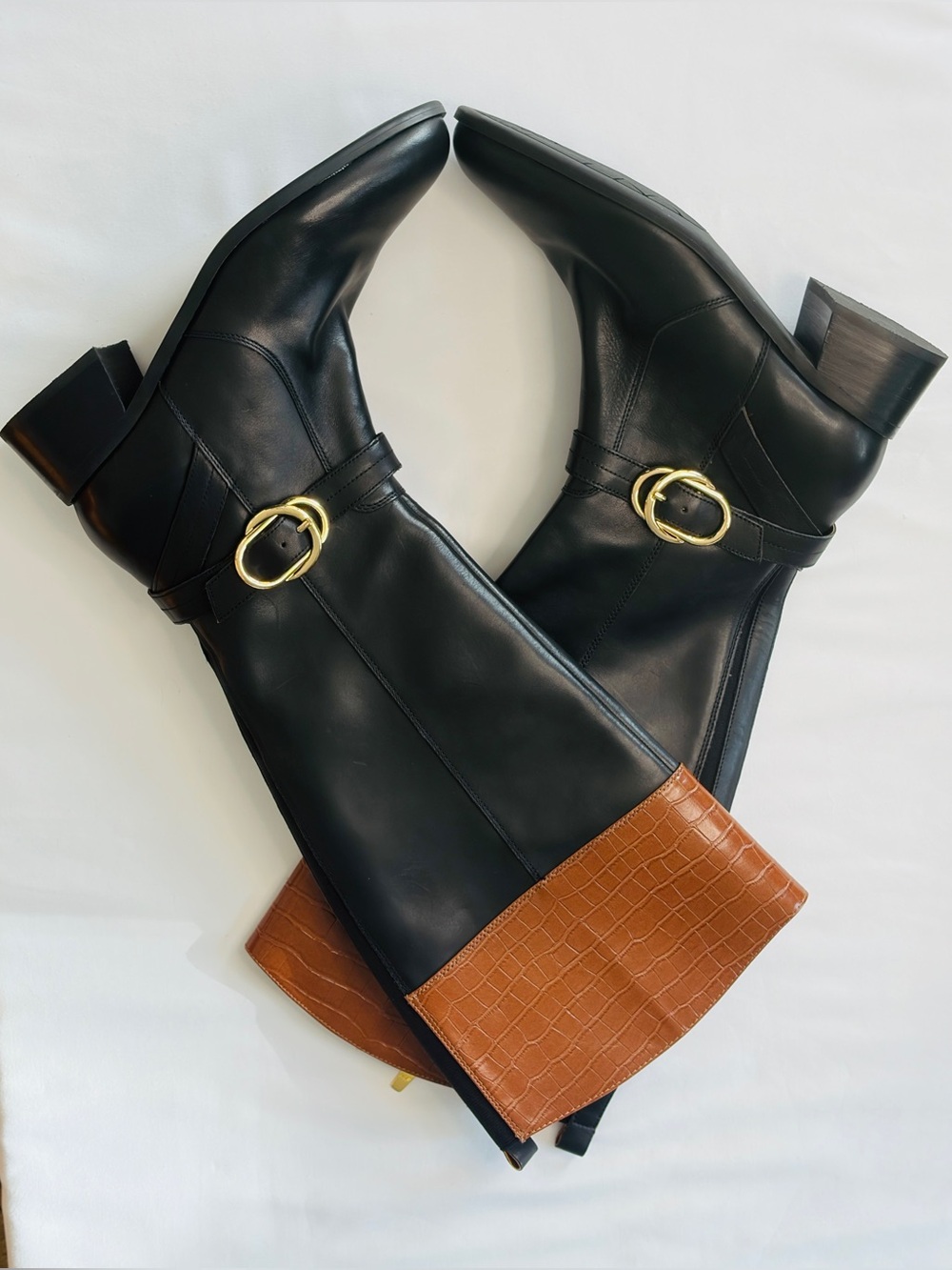NWOB Marc Fisher Hailin Black Cognac Wide Calf Riding Boots 8M